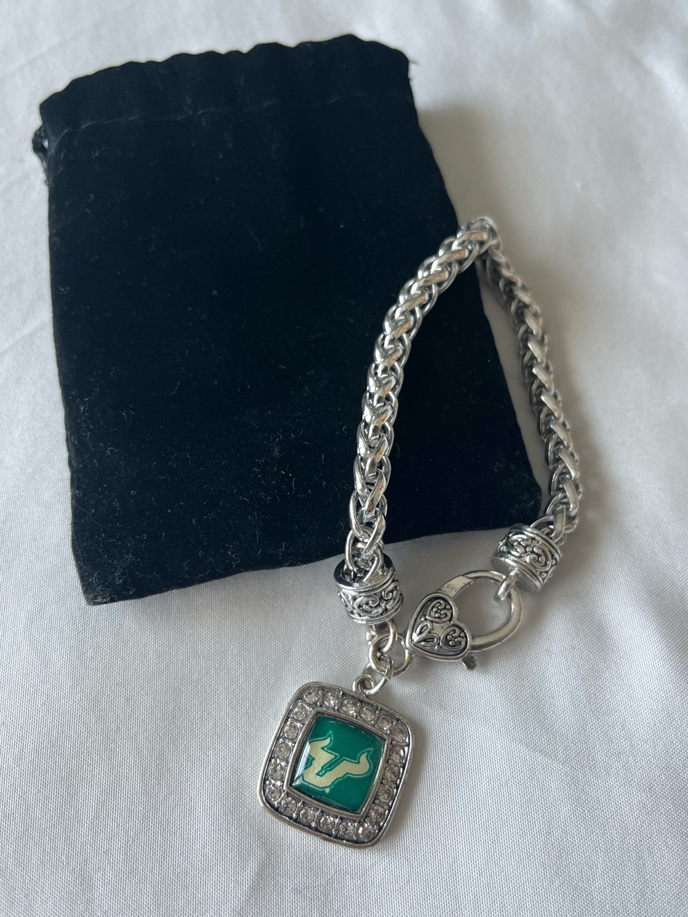USF University of South Florida Silver and Green Charm Bracelet
